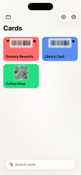 Codigo app showing organized loyalty cards and membership cards in a grid view